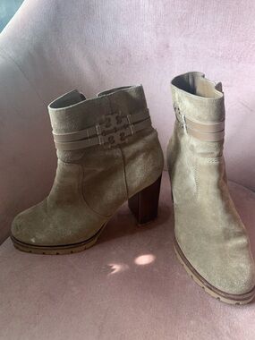 Tory Burch Suede Ankle Boots in Taupe with Decorative Straps